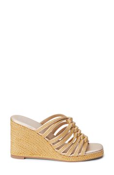 Braided raffia straps weave into one another on this stunning wedge sandal that'll have you ready to hit the cabana in style. 3 3/4" heel; 3/4" platform Textile upper/synthetic lining and sole Imported Elegant Heels For Beach Season Vacation, Elegant Heels For Beach Vacation, Wedge Sandals With Wrapped Heel For Vacation, Gold Platform Wedge Sandals For Beach, Straw Platform Heels For The Beach, Elegant Platform Wedge Sandals For Beach, Elegant Synthetic Wedge Sandals For Vacation, Gold High Heel Wedge Sandals For The Beach, Elegant Wedge Heel Sandals For Beach