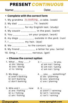 an english worksheet with the words present continuous and corrective phrases in it