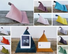 several different types of pouches with pictures on the front and side, all in various colors