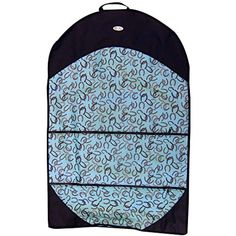 a blue and black surfboard bag with circles on it's side, in front of a white background