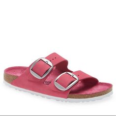 New In Box *** Nib Birkenstock Arizona Big Buckle Sandal In Fuchsia Tulip Nubuck, Size 7-875/Eu 38 Narrow Width. Premium Nubuck Leather Uppers With An Open Toe. Slip-On Style Sandal Features Dual Straps With Adjustable, Oversized Buckles. Leather Lined, Contoured Cork Footbed. Raised Toe Bar. Neutral Heel Profile And Deep Heel Cup. Flexible Eva Outsole Offers Lightweight, Shock Absorbing Support. Made In Germany Pink Slippers With Textured Footbed For Vacation, Pink Textured Footbed Slippers For Vacation, Pink Vacation Slippers With Textured Footbed, Vacation Pink Slippers With Textured Footbed, Pink Textured Slip-on Slides, Pink Flat Slides With Textured Footbed, Pink Cushioned Slides With Round Toe, Pink Slides With Cushioned Footbed And Round Toe, Comfortable Pink Footbed Sandals With Textured Sole