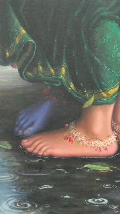 a painting of a woman's feet in the water with jewelry around her ankles