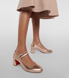 Miss Jane leather Mary Jane pumps in beige - Christian Louboutin | Mytheresa Miss Jane Louboutin, Louboutin Online, Patterned Blouse, Mid Heels Pumps, Round Toe Pumps, Gold Pumps, Round Toe Shoes, Blue Pumps, Christian Louboutin Women