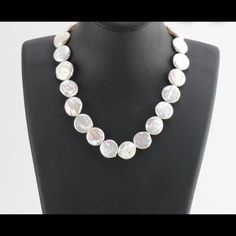 Baroque Coin Pearl Necklace Single Strand Round Necklace For Party, Bold Pearl Necklace, Elegant Silver Coin Necklace, Elegant Round Coin Necklace For Wedding, Elegant White Round Coin Necklace, Handmade Baroque Pearl Round Necklace, Handmade Baroque Pearl Necklace For Formal Occasions, Coin Pearl Necklace, Pearl Baroque