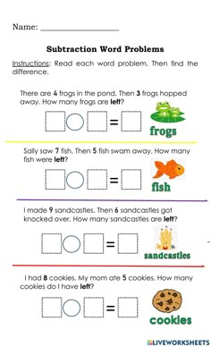 the worksheet for subtraction word problems with pictures and words to help students learn