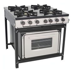 a white and black stove top oven with four burners on each side, in front of a white background