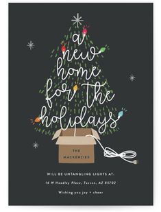 a christmas card with an image of a tree in a box and the words home for the holidays