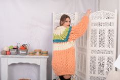 "MATERIAL : 100 % unspun merino wool COLOUR : Multicolour ( There may be a slight difference because of the different monitors' representation) ♥ In the picture the model is wearing a garment with these measurements : A: ( Body lenght) : 30.3 \" / 77 cm B: ( Chest width) 20.9 \" / 53 cm C: (Sleeve from under the arm) : 22.8 \" / 58 cm D: (Neck unrolled) : 5.1 \" / 13 cm. They are taken with the item laid flat and not streched. ♥ For choosing your size please look at size chart in our listing pic Winter Jumpers, Sweater Chunky, Red Jumper, Merino Sweater, Slouchy Sweater, Sweater Women's, Mohair Sweater, Warm Sweaters, Green Wool