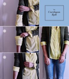 I often see this look and have the hardest time achieving it. The best way to do it is with two thinner pieces, or tops that can fold easily without getting too bulky. Start by pushing the cardigan up just beneath your elbow, then do a “J.Crew” roll (as seen above). Fashion Infographic, Twenty Something, How To Roll, Shirt Cuff, Jeans Outfit, Roll Up, Moda Fashion, Look Cool