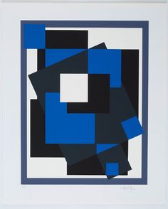 an abstract painting with blue and black squares on white paper, framed in a white frame