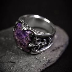 Vintage Heraldic Lily "Royal Ring" with charoite stone (Inserts with any stones are possible) Gothic Silver Rings With Intricate Design, Handmade Gothic Sterling Silver Rings, Silver Gothic Rings For Collectors, Luxury Gothic Silver Skull Ring, Royal Rings, Silver Gothic Skull Ring, Collectible, Gothic Rings, Signet Ring, 925 Sterling Silver Ring