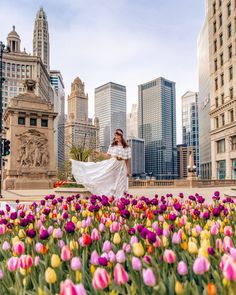 a woman in a white dress and tulips on the ground with buildings in the background