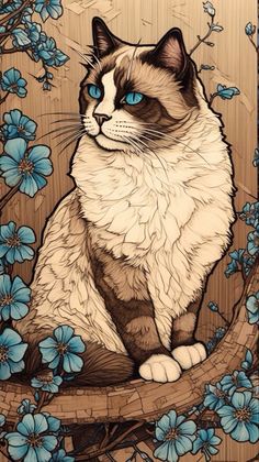 a drawing of a cat sitting on top of a tree branch with blue flowers around it