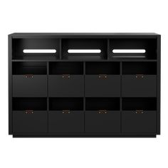 a black bookcase with drawers and lights