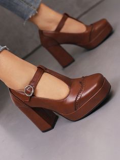 Brown Mary Jane Platform Block Heel Women's Shoes Coffee Brown Fashionable    Plain Mary Jane   Women Shoes, size features are:Bust: ,Length: ,Sleeve Length: Dark Academia Shoes, Brown Mary Janes, Jazz Style, Highest Heels, Oc Drawing, Zapatos Mary Jane, Chic Heels, Autumn Wardrobe, 2024 Style