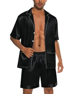 PRICES MAY VARY. 95% Polyester, 5% Spandex Imported Button closure Machine Wash SATIN PAJAMA WITH A SILKY FEEL: The mens pajamas set is made of super soft and comfy satin fabric. Lightweight polyester and silky feel care for people's health, bring comfy night sleep for you. CLASSIC BUTTON DOWN DESIGN: Two-piece men silk satin pajama set features unique sleepwear style. Contrast piping, two front pockets, notch collar, short sleeve pjs top, casual shorts, timeless style which makes you cool and e Loungewear Set Shorts, Two Piece Loungewear, Silky Pajamas, Satin Pajama Set, Satin Pajama, Satin Sleepwear, Mens Pajamas Set, Mens Loungewear, Night Sleep