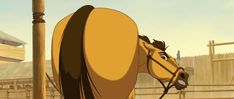 an animated image of a horse standing in front of a building