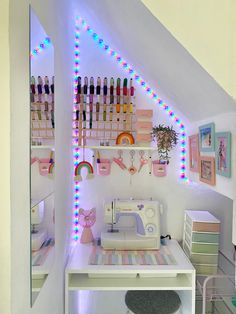 My mini sewing room under the stairs Mini Sewing Room Ideas, Stitching Room Decor Ideas, Sewing Station In Bedroom, Craft Room Under The Stairs, Sewing Projects Room Decor, Mini Sewing Room, Fashion Design Room Studio, Aesthetic Sewing Room, Sewing Corner In Bedroom