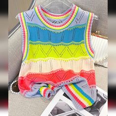 New Cropped Crew Neck Sweater Vest Comfy Soft & Breathable Sleeveless Color: Neon Striped Material: Sheer Knit Size: Os, But Fits Like A Small Bust: 35.43 Length: 18.90 Sleeveless Sweater Vest, Sheer Knit, Neon Stripes, Knit Crop, Sleeveless Sweater, Swag Outfits, Vest Top, Striped Knit, Small Bust