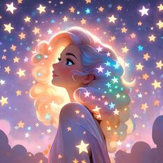 a painting of a blonde haired girl with stars in the sky above her head and clouds behind her