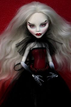 a doll with long white hair and red eyes wearing a black dress on a red background