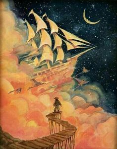 a painting of a boat floating in the sky with a man standing on top of it