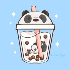 a cartoon panda bear in a bubble tea cup with chocolate balls on the side and a straw sticking out of it's mouth