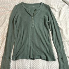 Aerie Waffle Knit Long Sleeve Shirt. Never Worn So It’s Basically Brand New. Aerie Waffle Long Sleeve, Green Long Sleeve Soft Knit Top, Green Soft Knit Long Sleeve Top, Green Buttoned Tops For Loungewear, Casual Ribbed Long Sleeve Top For Layering, Casual Textured Knit Button-up Top, Fall Waffle Knit Button-up Tops, Casual Long Sleeve Waffle Knit Top, Casual Waffle Knit Button-up Top