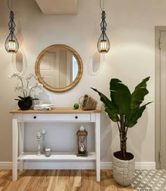 a white table with a mirror and potted plant on it next to a wooden shelf