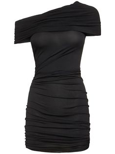 Draped Bodycon Dress For Night Out, Asymmetrical Bodycon Mini Dress With Ruched Detail, Bodycon Draped Mini Dress For Date Night, Draped Bodycon Mini Dress For Date Night, Chic Draped Elastane Dress, Ruched Elastane Mini Dress For Evening, Chic Off-shoulder Mini Dress In Elastane, Chic Draped Dress, Chic Ruched Draped Mini Dress