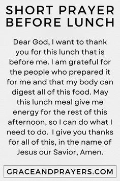 a prayer card with the words short prayer before lunch