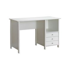 a white desk with two drawers and a shelf on the top is shown in front of a white background