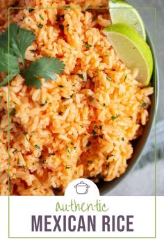 mexican rice in a bowl with lime wedges and cilantro on the side