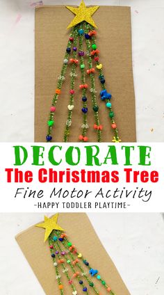 a christmas tree made out of beads on a piece of cardboard with the words decorate the christmas tree fine motor activity happy toddler playtime