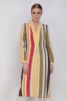 Shop for Arcvsh by Pallavi Singh Multi Color Hand Painted Tunic for Women Online at Aza Fashions Fitted Multicolor Long Sleeve Tunic, Multicolor Fitted Long Sleeve Tunic, Fitted Multicolor V-neck Kurta, Spring Multicolor V-neck Kurta, Tunics Online, Paint Stripes, Womens Tunics, Three Quarter, Aza Fashion