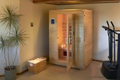 a sauna in a home gym with two machines and a potted plant next to it