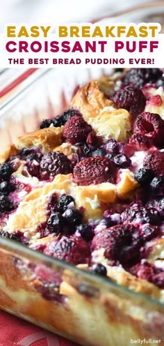 an easy breakfast croissant puff is in a glass dish on a red and white tablecloth