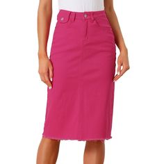 Show off your charm in this denim short skirt in summer. Complete the casual style for warm days in the park with your hat and blouse to be comfy. Falling to just below the knee, it's perfect for summer afternoons. With a feminine raw hem, it can be dressed up for the evening with a pretty top and accessories. Stylish and add more elegance to you. Pink Mini Denim Skirt For Summer, Trendy Pink Denim Skirt For Spring, Casual High Waist Pink Denim Skirt, Spring Knee-length Denim Skirt, Spring Knee-length Denim Skirt For Day Out, Spring Cotton Knee-length Denim Skirt, Knee-length Denim Skirt For Summer Day Out, Fitted Solid Denim Skirt For Summer, Summer Knee-length Skirt With Frayed Hem