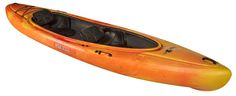 an orange kayak with two seats on it