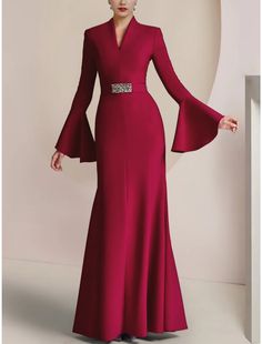 Wholesa A-Line Mother of the Bride Dress Wedding Guest Elegant Party V Neck Floor Length Stretch Chiffon Long Sleeve with Pleats Crystal Brooch Elegant Chiffon Mother Of The Bride Dress For Banquet, Elegant Embellished Chiffon Dresses, Elegant Chiffon Evening Dress For Wedding, Elegant Chiffon Party Gown, Elegant Embellished Evening Dress For Wedding Guest, Elegant Embellished Chiffon Mother Of The Bride Dress, Elegant Chiffon Wedding Gown, Elegant Evening Dress With Sweep Train For Wedding Guest, Elegant Embellished Mother Of The Bride Dress