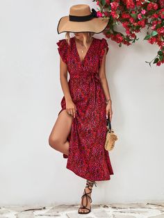 F00187564-303 Red Fitted Midi Dress For Vacation, Casual Belted Maxi Dress For Date Night, Red Belted Midi Dress For Summer, Red V-neck Midi Sundress, Red Belted V-neck Dress, Summer Red Belted Dress, Red Belted Summer Dress, Summer Belted Red Dress, Red Belted Dress For Summer