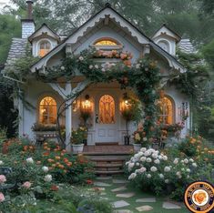 a white house with lots of flowers on the front door and steps leading up to it