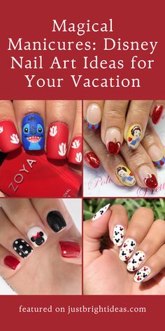 Disney Bling Nails, Disney Manicures, Nails For Disney, Disney Nails Short, Summer Disney Nails, Mickey Mouse Nail Design, Disney Manicure, Disney Themed Nails, Alice In Wonderland Nails