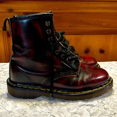 Original Dr Martens 1460 Dark Cherry Red Boots Size 5 Europe Made In England Fair Condition Minimal Scuffle Burgundy Doc Martens, Maroon Doc Martens, Cherry Red Boots, Dark Cherry Red, 90s Shoes, Burgundy Boots, Dr Martens Boots, Red Boots, Dr Martens Shoes