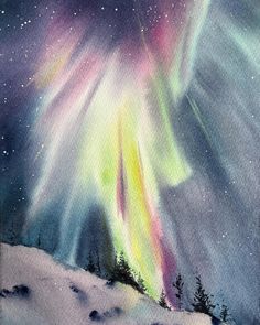 watercolor painting of an aurora bore in the night sky