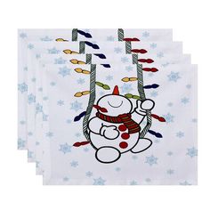 three white napkins with snowman and christmas lights on the front, one has a red nose