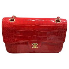 VERY RARE SHINY RED ALLIGATOR MEDIUM CLASSIC DOUBLE FLAP WITH GOLD HARDWARE. Comes with dust bag, camellia flower,two certificate of authenticity ,booklet and the box. Bag is in great pre loved condition. No CITES. Series 20xxxx. 2014 year. Please Note: the bag can be personally delivered to any country in the world. Red Lizard, Dior New Look, Chanel Lipstick, Vintage Designer Bags, Vintage Chanel Bag, Yellow Quilts, Red Leather Handbags, Cartier Panthere, Camellia Flower