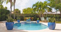 a pool surrounded by blue planters and palm trees