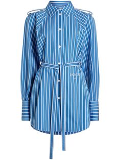 blue/white wool vertical stripe pattern embroidered logo to the front classic collar front button fastening detachable waist belt epaulettes long sleeves buttoned cuffs thigh-length curved hem Wardrobe Edit, Wool Shirt, Upcycled Materials, City Dress, Mini Shirt Dress, Summer Beach Wear, Lady Dior, Dress Blue, Waist Belt