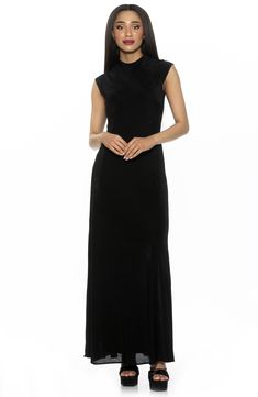 A fitted bodice gives way to a full skirt in this endlessly wearable maxi dress. 59" length Hidden back-zip closure Mock neck Cap sleeves Lined 97% polyester, 3% spandex Machine wash, line dry Imported High Neck Evening Dresses With Back Zipper, Evening Dresses With High Neck And Back Zipper, High Neck Dresses With Back Zipper For Evening, Fitted Sleek Maxi Dress, Elegant A-line Dress With Side Zipper, Elegant High Neck Dress With Back Zipper, Elegant A-line Maxi Dress With Back Zipper, Black Fitted A-line Maxi Dress, Fitted Black A-line Maxi Dress